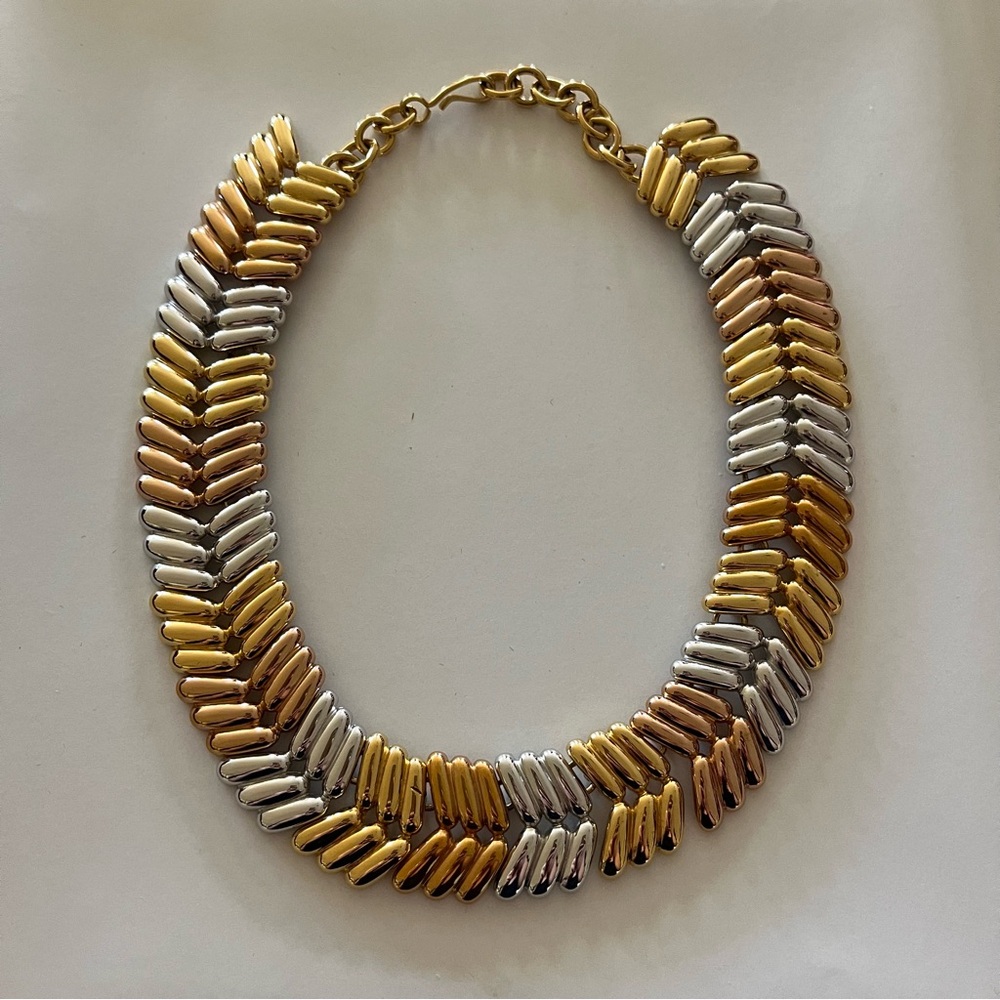 Vintage 80s 90s MONET Tri-Metal Tones Gold Silver Rose Gold Statement Necklace